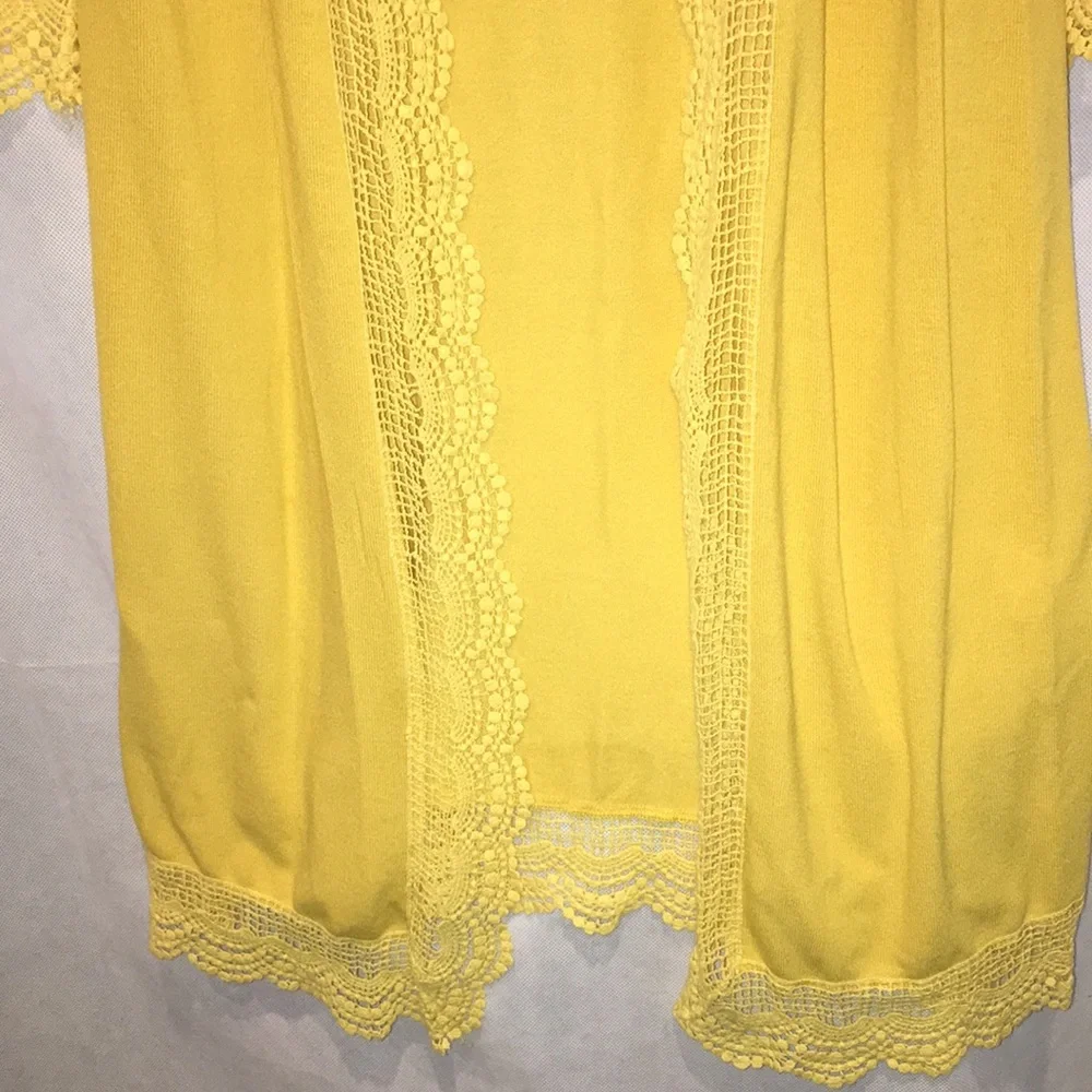 Tickled Teal Lace Trim Open Front Below The Knee Cardigan | Mustard Yellow | M